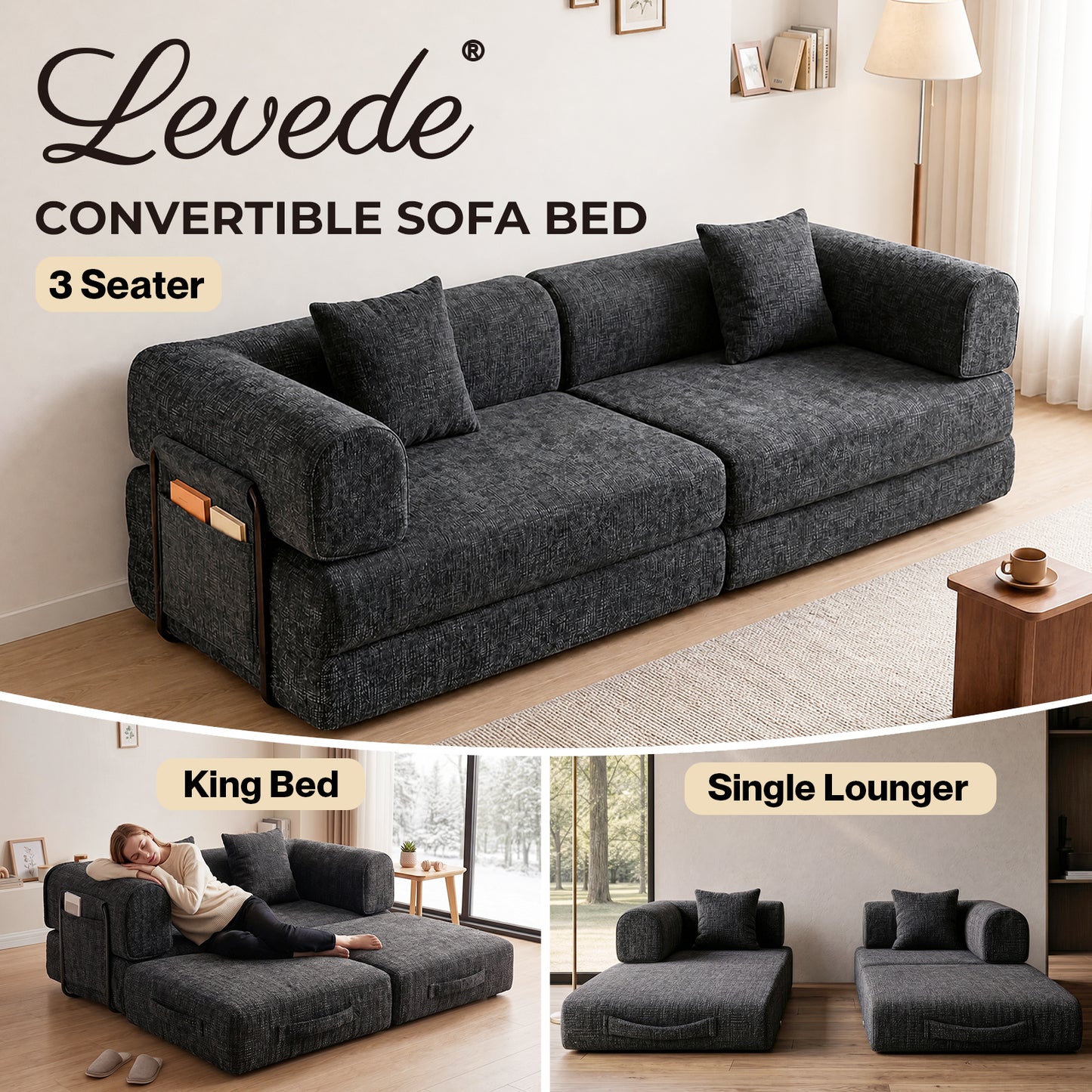 Levede Convertible Sofa Bed Sleeper 2 3 Seater Folding Floor Couch Small Space