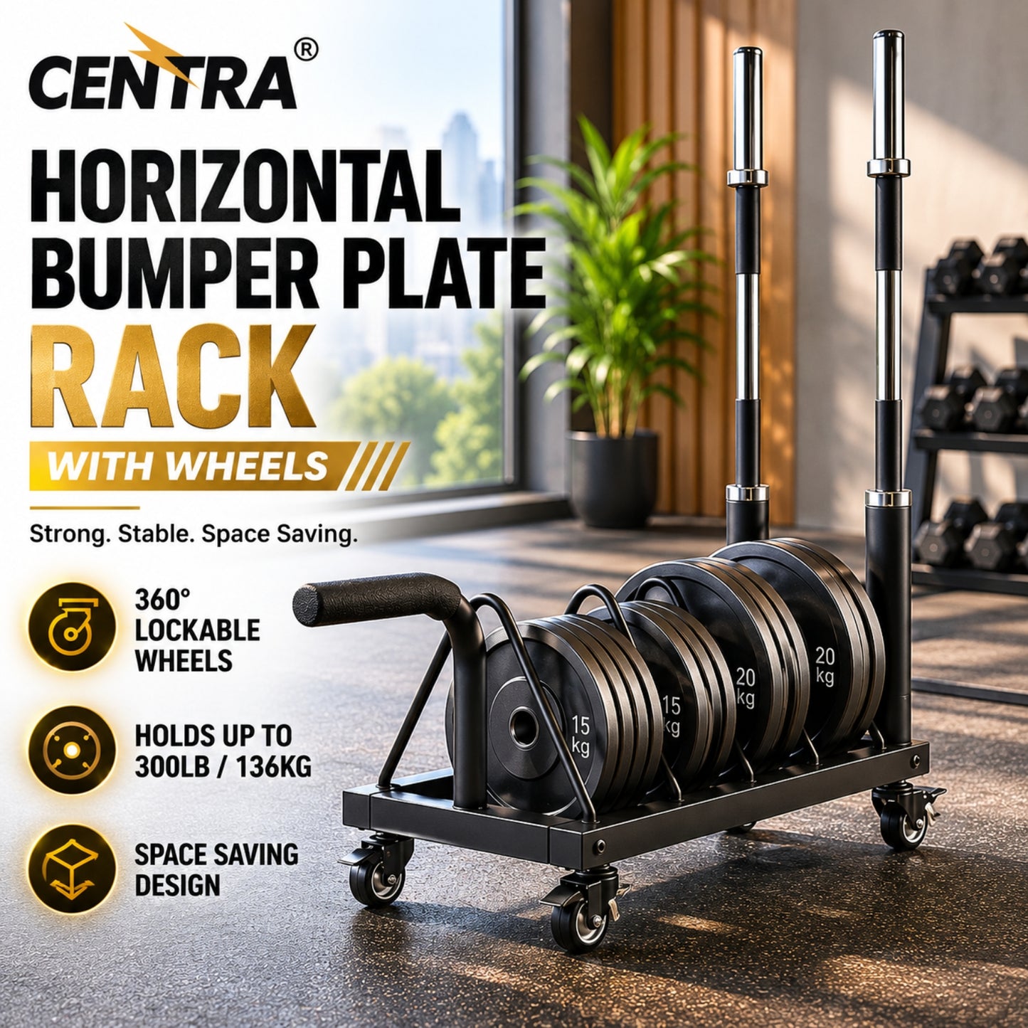 Centra Weight Plate Rack Wheeled Horizontal Olympic Barbell Bumper Storage Stand