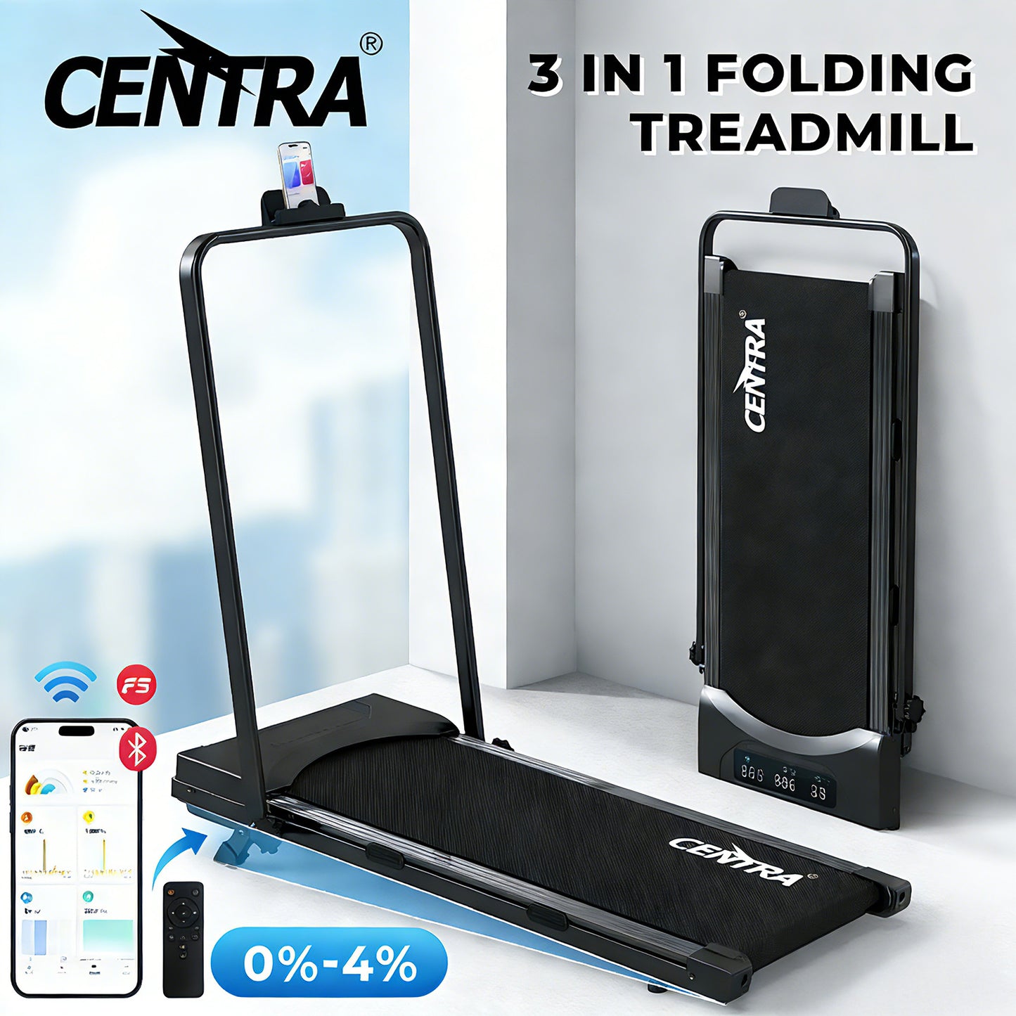 Centra Treadmill Running Machine Folding Walking Pad 4 in 1 Bluetooth LED Remote
