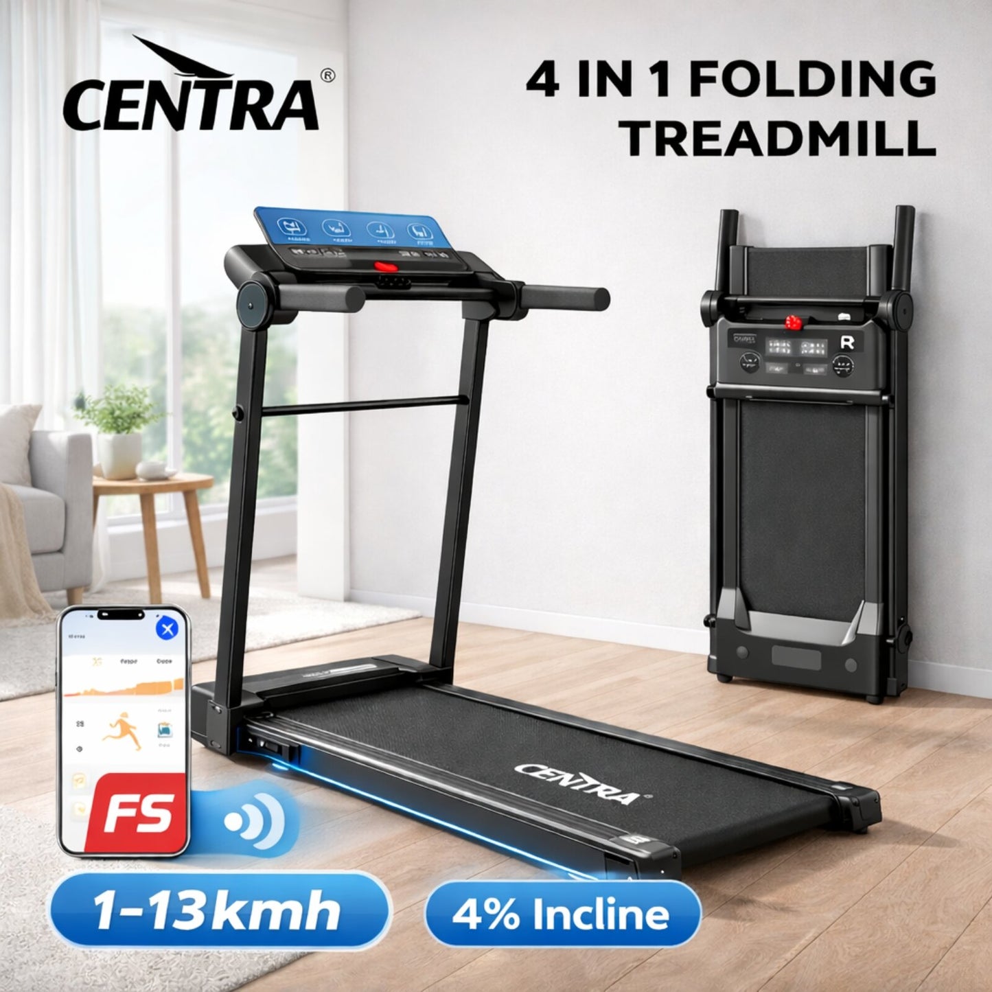 Centra Folding Treadmill for Home Incline Running Machine Walking Pad Bluetooth