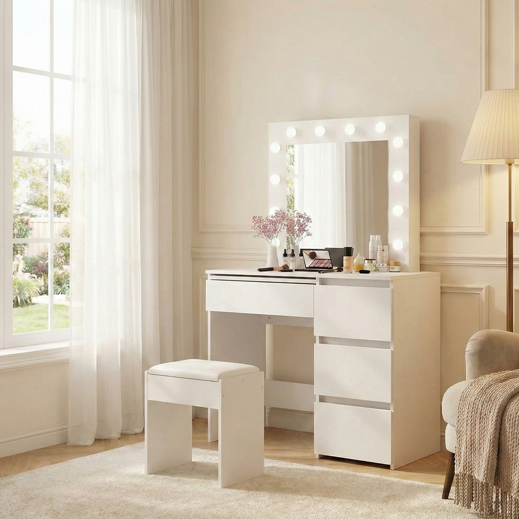 Levede Vanity Makeup Dressing Table White with Led  Light Mirror Drawer PU Stool
