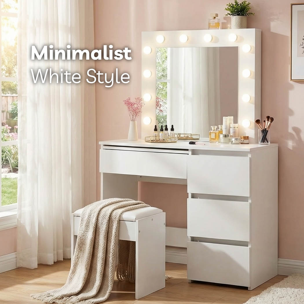 Levede Vanity Makeup Dressing Table White with Led  Light Mirror Drawer PU Stool