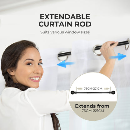 Marlow Steel Curtain Rod Quiet Rail Pole Pommel Set Extendable Adjustable Black