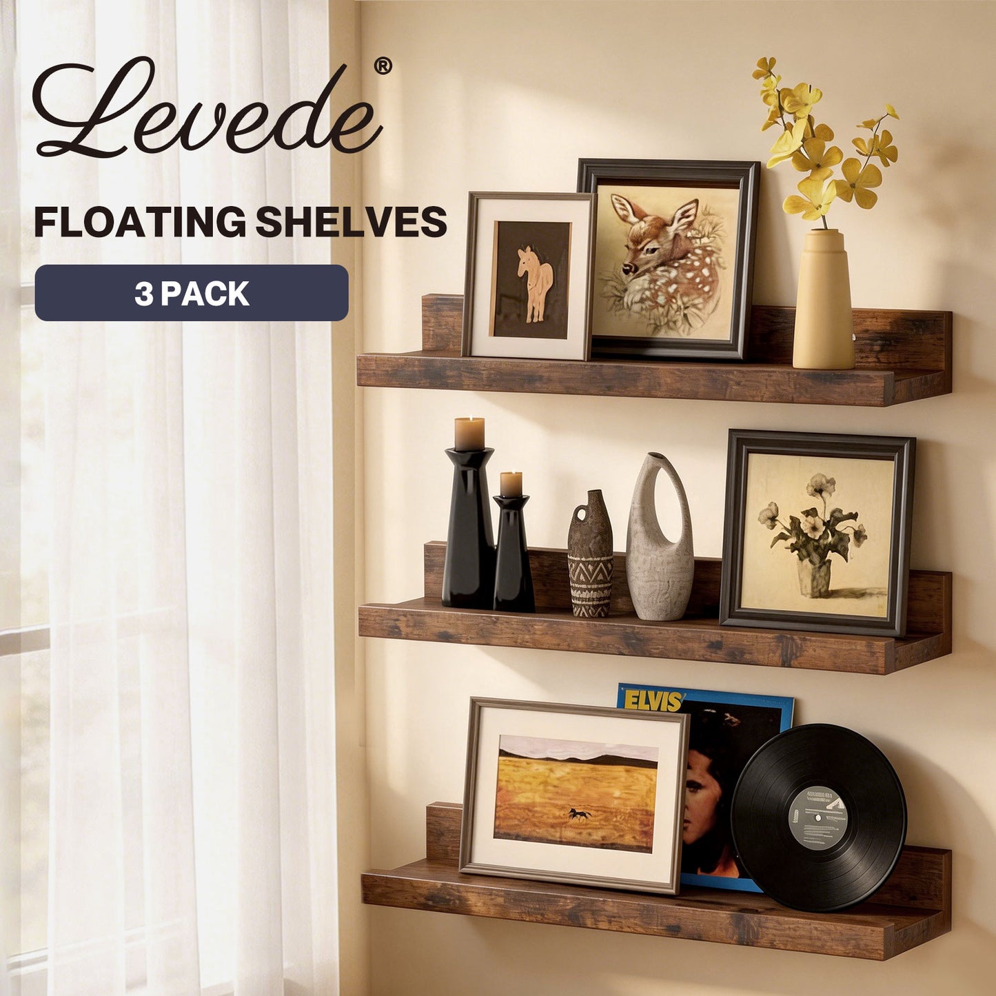 Levede Rustic Floating Shelves Set 3 Wall Mounted Display Shelf Wood Storage
